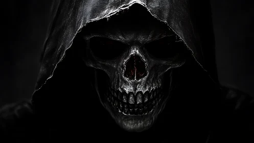 Grim reaper skull in dark hood with dramatic lighting.