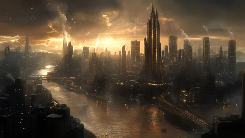 Futuristic riverfront megacity under dense sunset haze.