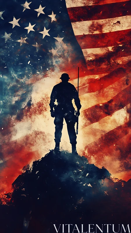 Lone soldier silhouette crowned by a storm-torn American flag.