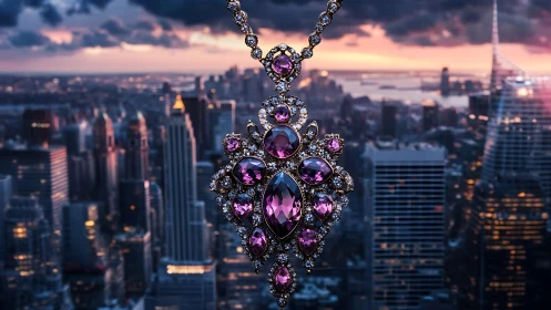 Skyline sorceress pendant over twilight glass canyons.