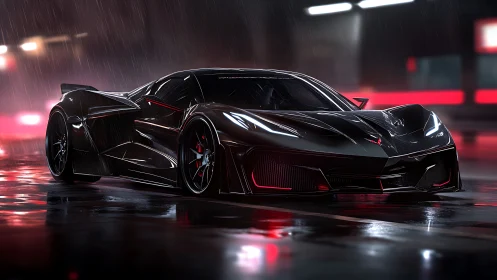 Sleek black supercar on neon lit wet night street scene.
