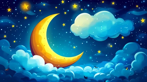 Crescent moon with clouds and stars in stylized night sky.