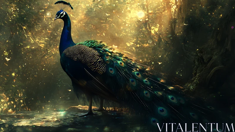 Peacock stands in dense forest with directional backlighting