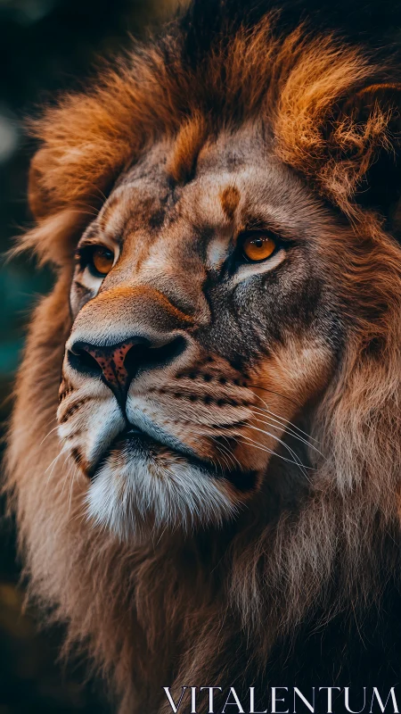 Majestic lion gazes sideways, mane catching embered light