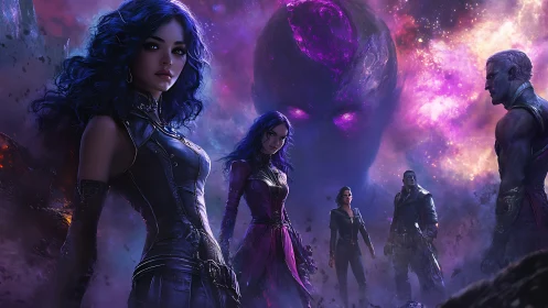 Purple cosmic team confronts looming astral entity.