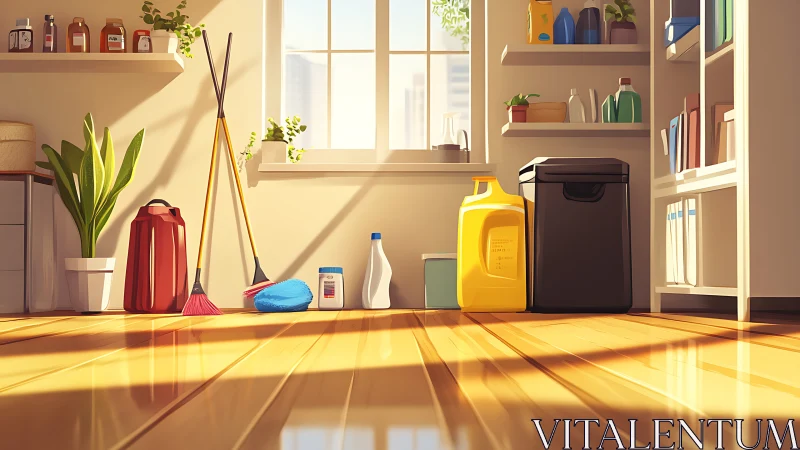 Sunlit utility room with organized cleaning implements and bins.