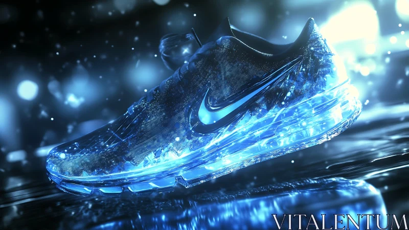 Glowing blue sneaker steps forward in a sleek neon dreamscape