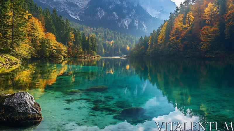 Crystal lake reflects autumn forest below alpine cliffs