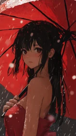Girl in red dress under red umbrella in heavy rain.