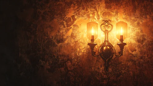 Vintage brass double sconce on textured patina wall, lit warm