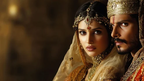 Regal couple gaze forward in opulent golden wedding attire
