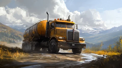Rugged yellow tanker truck powers through remote mountain pass