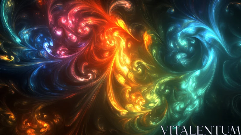 Swirling multicolor fractal light forming flowing arcs.