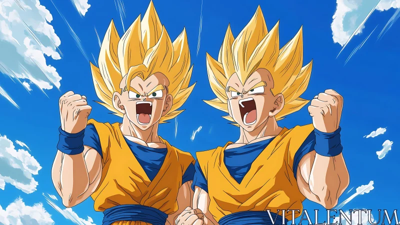 Two anime fighters shout with raised fists under blue sky