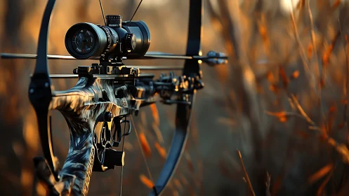 Compound hunting bow with tactical optic in warm dusk field