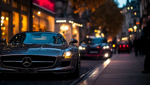 Mercedes SLS AMG on urban street at dusk with bokeh lighting