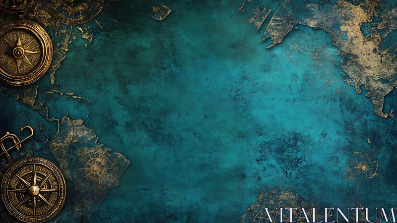 Antique world map and brass compasses evoke old voyages.