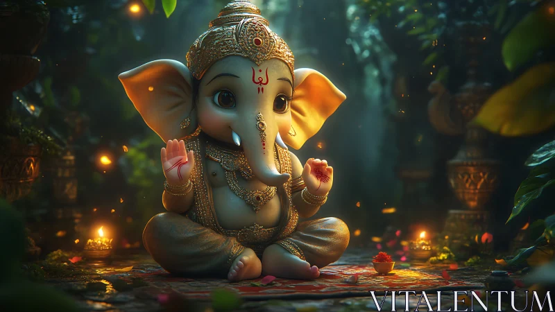 Baby Ganesha meditates amid glowing forest lanterns.