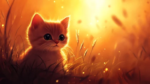 Stylized Feline in Golden Grassland Setting with Warm Lighting