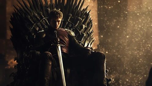 Brooding young monarch on a jagged iron throne of shadows.