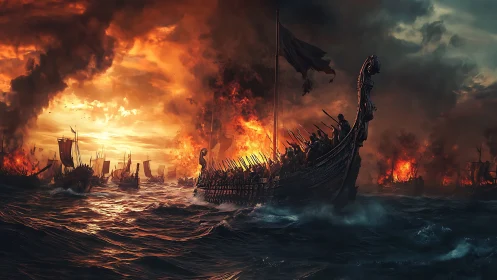 Viking longships advance through burning coastal waters at dusk