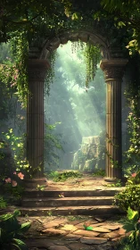 Sunlit ruin portal framed by overgrown classical columns.