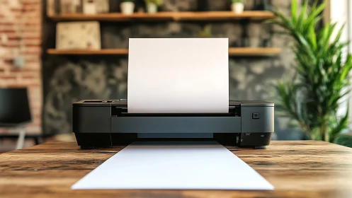 Inkjet printer sits on wooden desk with blank paper loaded