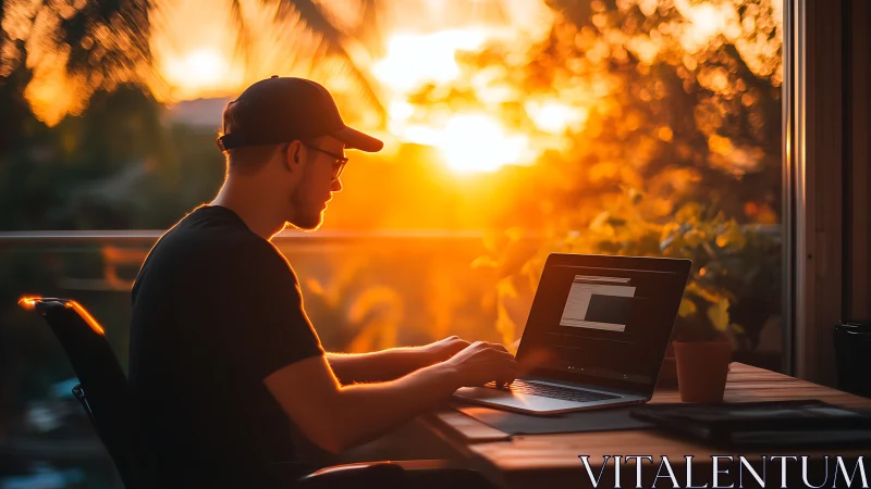Backlit remote software developer at laptop in golden sunset