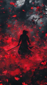 Lone sword bearer walks through swirling crimson autumn storm
