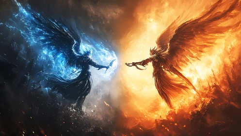 Celestial fire and ice angels collide in apocalyptic clash.