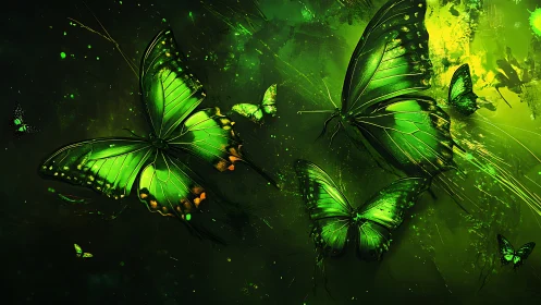 Emerald butterflies drift through luminous abstract light.