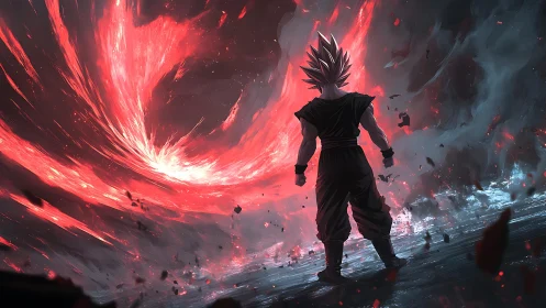 Lone warrior greeting a storm of red cosmic fire.