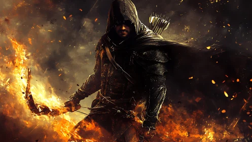 Hooded archer in incendiary combat cloak, dynamic inferno profile.