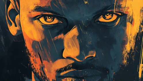 Intense male portrait in teal shadow and molten gold light.