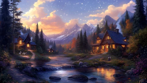 Twilight mountain cottages by river under star-filled sky