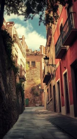 Narrow European alley with stone and stucco residential facades.