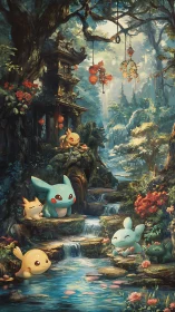 Playful forest creatures gathering by a sparkling stream.