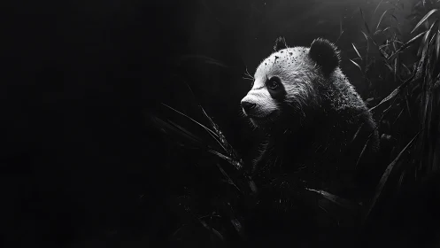 Black and white panda portrait in dense bamboo foliage.