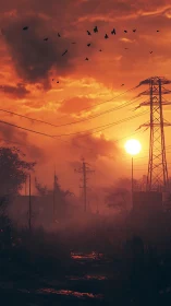 Sunset transmission towers silhouette a fogbound rural path