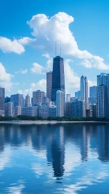 Tall lakeside skyscraper reflects over calm urban waterfront