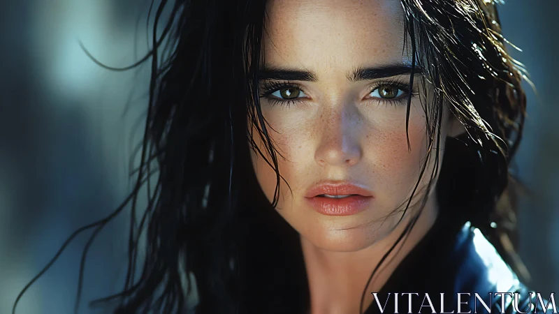 Wet haired woman in intense close up portrait study.