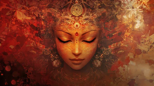 Central female visage amid ornate abstract red patterns.