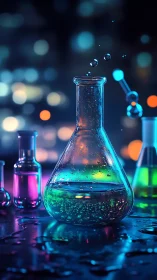 Neon-lit chemical flask captures effervescent liquid dynamics