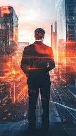 Executive with Digital Overlay Standing in Urban Canyon