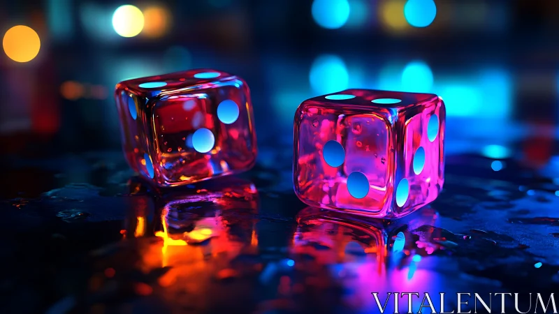 Neon glass dice on wet surface under colorful bokeh light.