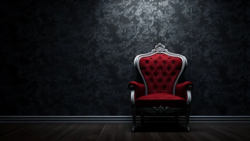 Crimson throne humming in shadows of a velvet-dark room.