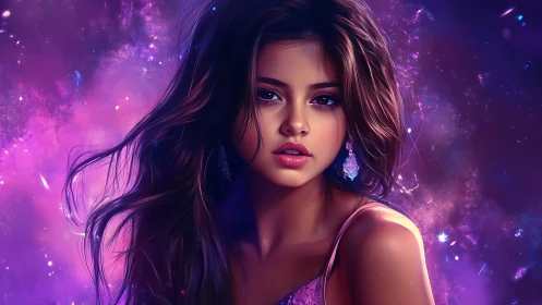 Celestial portrait of young woman amid luminous nebula glow