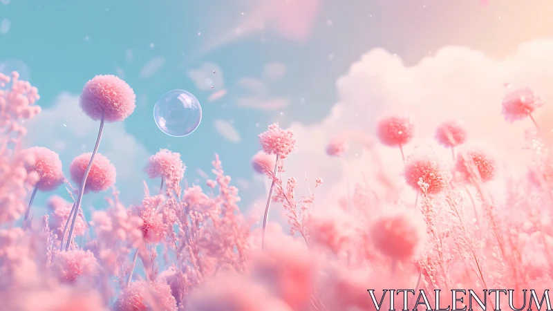 Pastel pompom meadow under dreamy turquoise sky glow.