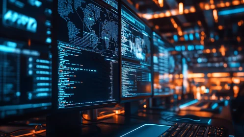 Immersive cyber security control room with data-rich displays.