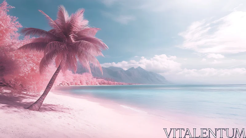 Pink Tropical Paradise Beach with Swaying Palm Tree.